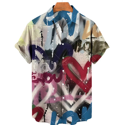 2022 3d Graffiti Oil Painting Printed Shirt Men Fashion Streetwear Hawaiian Beach Casual Lapel Plus Size 2022