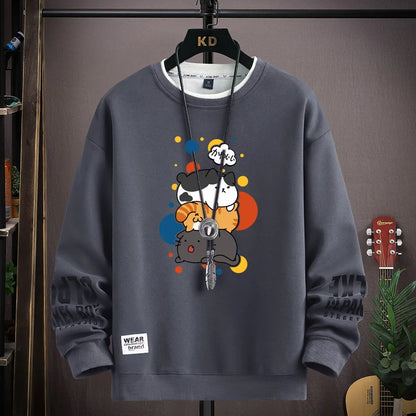 Spring Men's Sweatshirt Japan Cartoon Cats Printed Long Sleeve T-shirt Fashion Men's Clothing Khaki O Neck Harajuku Top 2024 New