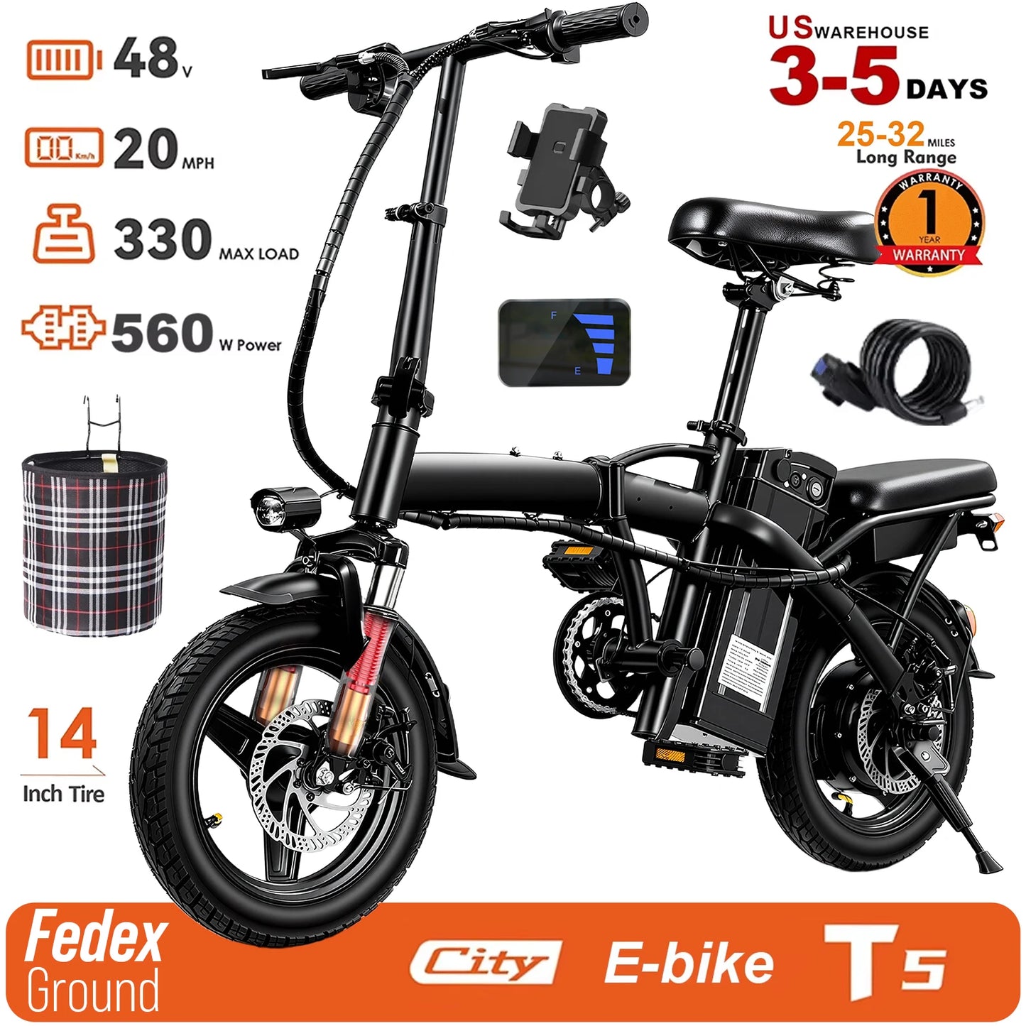 Adult Electric Bike,560W Motor,20MPH,48V Removable Battery,14inch Folding Electric Bike,Maximum 32 Miles,1Year Warranty Ebike