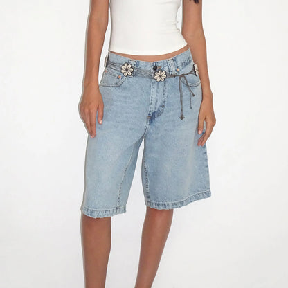 New Fashion Womens Knee Length Denim Shorts Loose Solid Color Low Rise Wide Leg Long Shorts With Pockets For Summer S-2XL