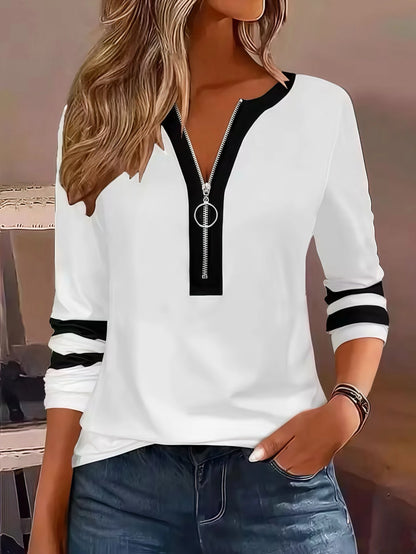 Plus Size Long Sleeve T-Shirt – Loose Fit Striped Top with Color Block Zipper