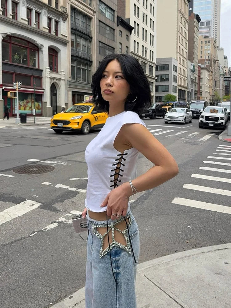 Women Low Waist Jeans Star Rhinestone Pants Cut Out Wide Leg Trousers Light Wash Distressed Denim Pants Street Woman Clothes