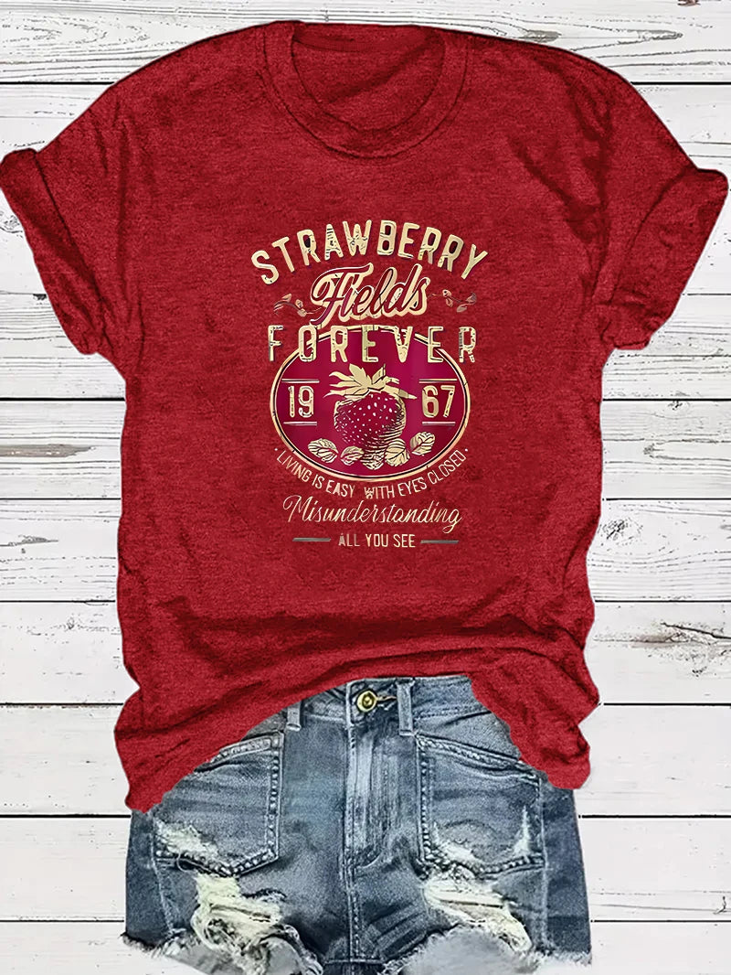 Harajuku Strawberry Fields Forever Letter Print Women T Shirt Short Sleeve Crew Neck Summer Casual Top for Women Clothes Shirts