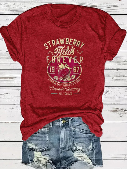 Harajuku Strawberry Fields Forever Letter Print Women T Shirt Short Sleeve Crew Neck Summer Casual Top for Women Clothes Shirts