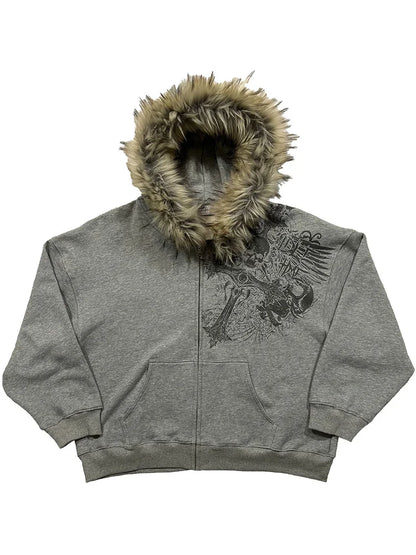 Autumn Winter Y2k Women Aesthetic Harajuku Faux Fur Collar Hoodies Clothes Graphic Hip Hop Punk Gothic Zip Up Hoodies 2026 new
