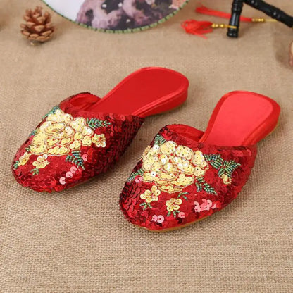 36-40 Women Slippers Sequin Embroider Shoes Summer Silk Fabric Flats Flower Closed Toe Soft Sole Non-slip Chinese Style Footwear