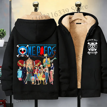 One Piece Man Thick Hooded Jacket Woman Winter Keep Warm Coat Anime Luffy Print Fleece Jacket Thermal Long Sleeve Hooded Clothes