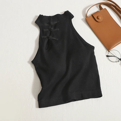 ITOOLIN Women Vintage Chinese Button Tank Tops With Bra Pad Halter Tops O-Neck Elegant Crop Tops Off Shoulder Tops For Women
