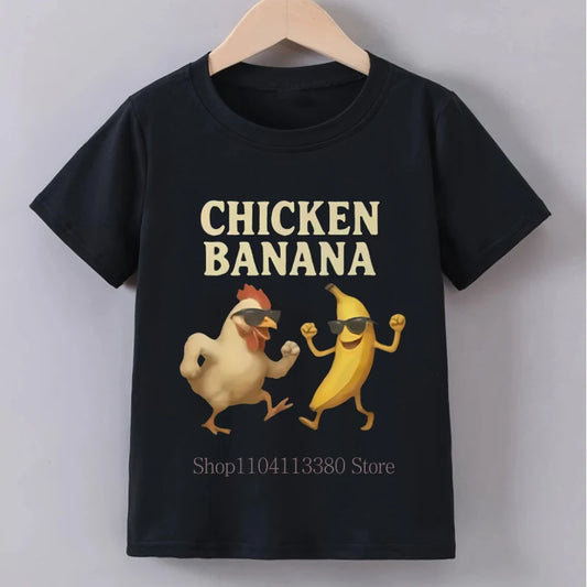 Banana Chicken Print Children T-shirts Summer Casual Fashion Funny Meme Short Sleeve Kids Tops Colorful O-Neck T-shirts