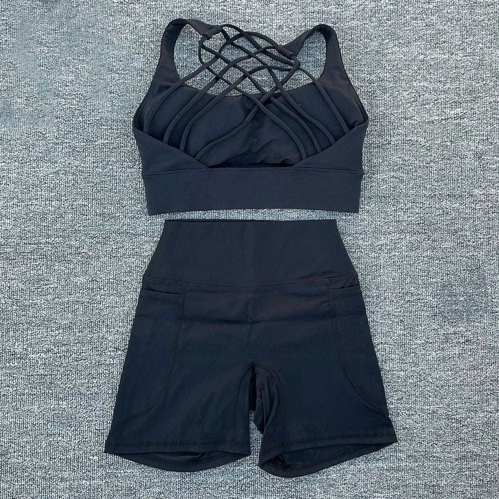 2 PCS Women's Nylon Yoga Set Sexy Sport Bra High Waist Sports Shorts Gym Fitness Sleeveless Workout Suit Sporstwear
