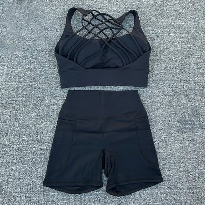 2 PCS Women's Nylon Yoga Set Sexy Sport Bra High Waist Sports Shorts Gym Fitness Sleeveless Workout Suit Sporstwear