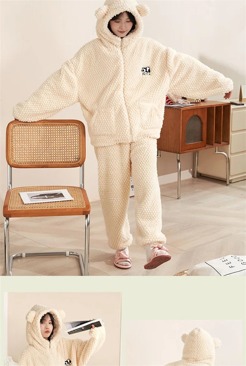 Autumn Winter Women's Sleepwear Flannel Pajamas Set Thick Fleece Nightwear Sets Warm Home Suits Hoodie Plus Pants