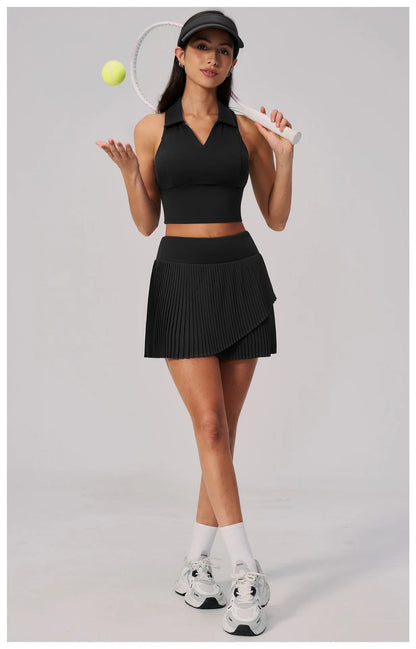 SOISOU Nylon Women Two Pieces Yoga Set Ribbed V-Neck Gym Top Sport Tennis Skirt 2pcs Suit Sportswear Workout Clothes 5 Colors