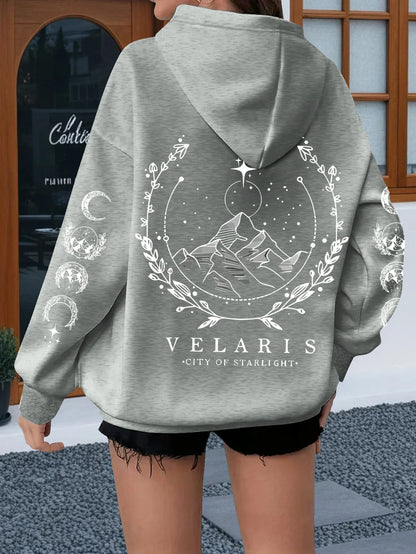 Sun & Moon Print Hooded Sweatshirt Women Casual Pullover Long Sleeve Tops Sun Moon Mountain Design Women Sweatshirt Graphic