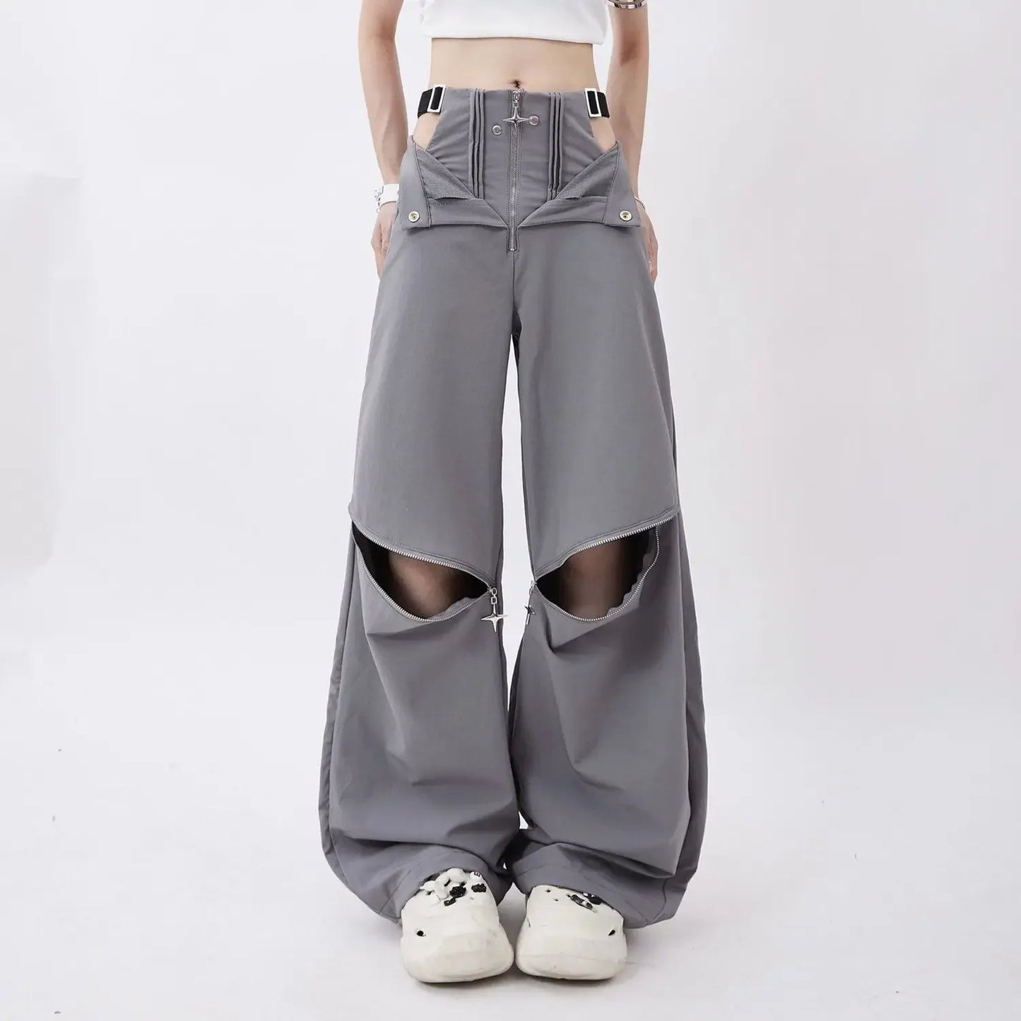 Hollow Out Zipper Design Pants Black Cargo Sweatpants Women Y2k Fashion Baggy High Waist Wide Leg Sport Pants Causal Trousers