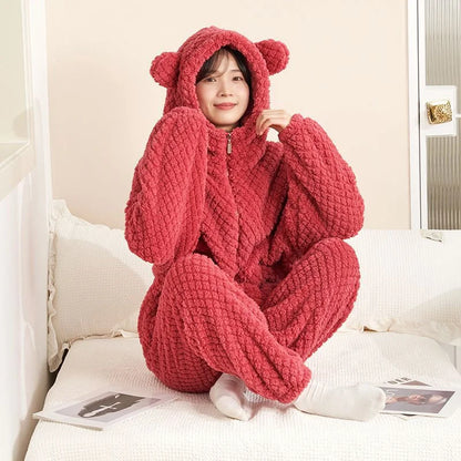 Autumn Winter Women's Sleepwear Flannel Pajamas Set Thick Fleece Nightwear Sets Warm Home Suits Hoodie Plus Pants
