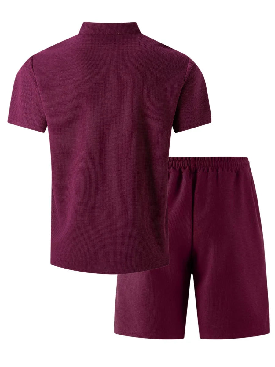 Men's new summer style waffle plain-color crew-neck t-shirt with pocket short-sleeved set with beach shorts men's casual suit
