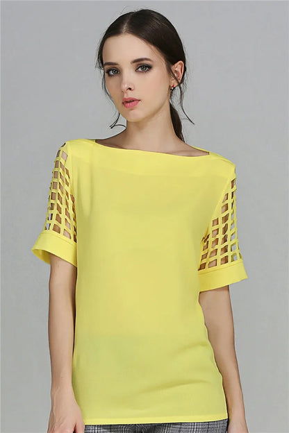 Summer Fashion Women Blouses & Shirts Hollow Out Sleeve Slash Neck Chiffon Blouse Plus Size