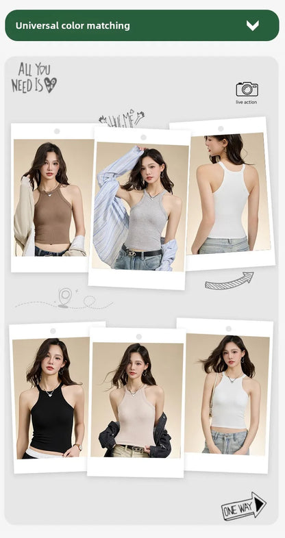 Threaded Halter Neck Camisole Top With Build-in Bra High Elastic Slim-fitting Sling Fixed Cup Breathable Women Underwear