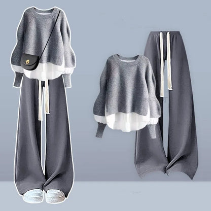 2025 Autumn/Winter New Korean Elegant Fake Two Piece Knit Sweater Top+Casual Pants Suit Women's Fashion Tracksuit Matching Set