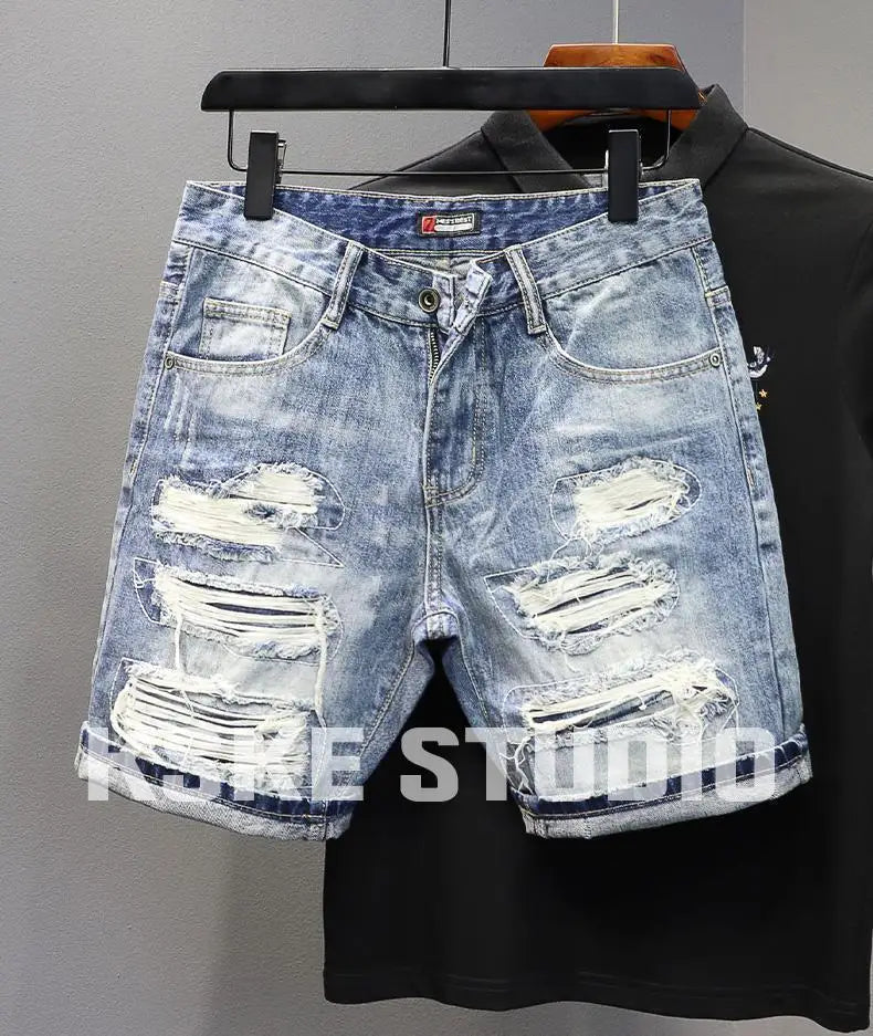 Men's Denim Shorts – Slim Fit Casual Knee Length Pants With Ripped Patch Detail