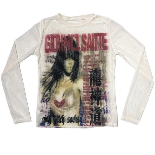 Punk Aesthetic Vintage Y2K Long Sleeve T-shirt Print Cute Grunge Tee Emo Girls Clothes Gothic Fairycore Women's Streetwear