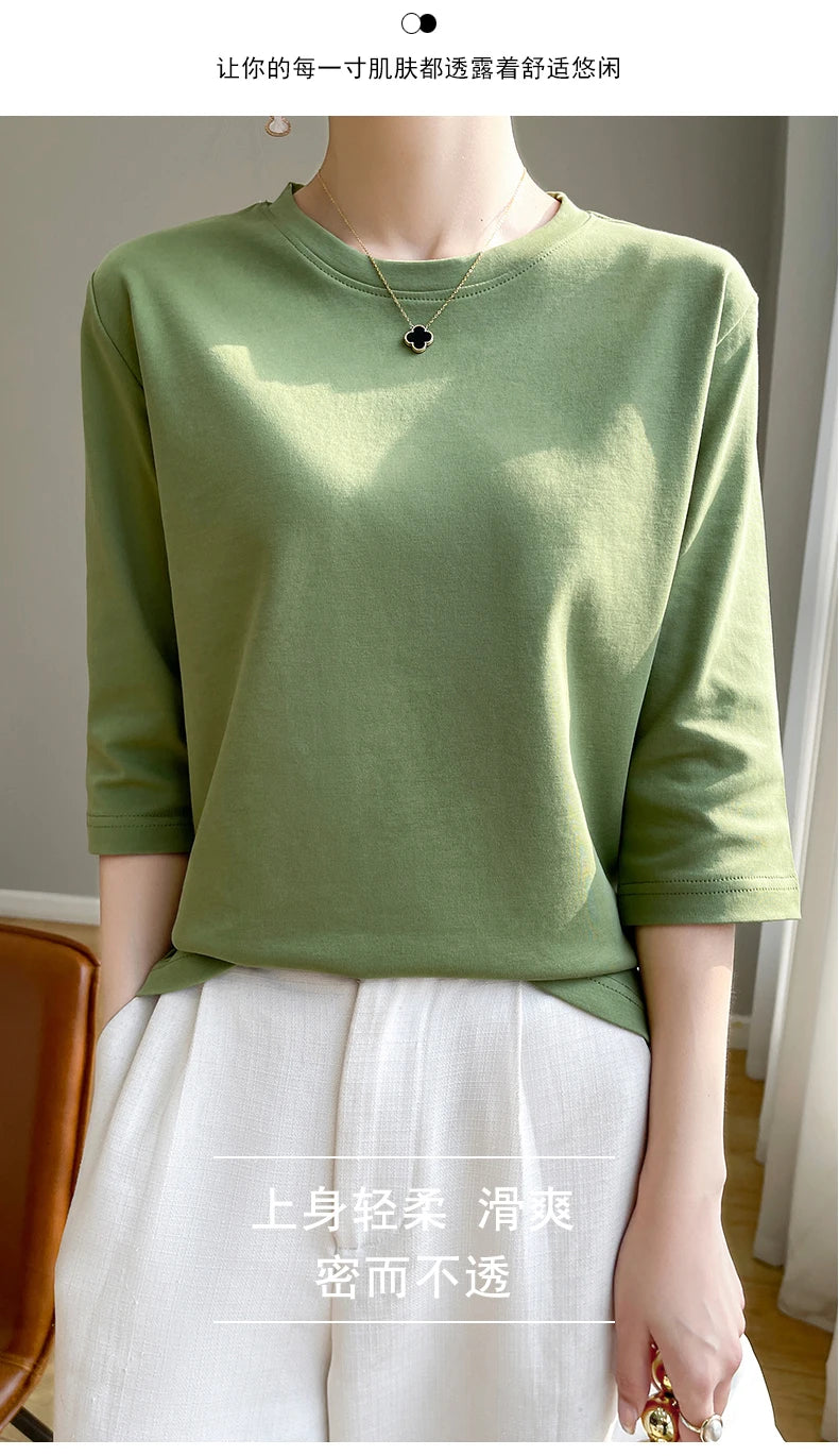 Summer Cotton Short-Sleeved T-Shirt Women's Round Neck Seven-Point Sleeves Loose Mercerized Cotton Half-Sleeve Shirt New T-shirt