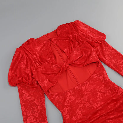 Sexy Bodycon Mini Dress - Red White Draped Women's Party Dress With Full Sleeve