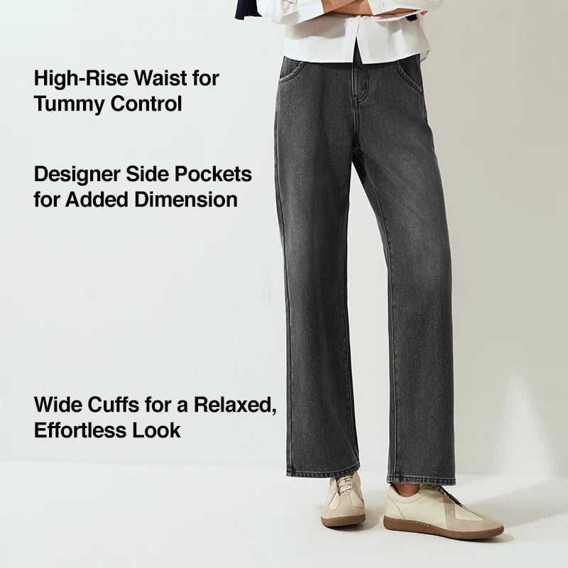 Semir Jeans Women Wide Leg Fleece Lined Comfortable High Waist Winter 2025 New Floor-Length Pants with Leg-Elongating Effect