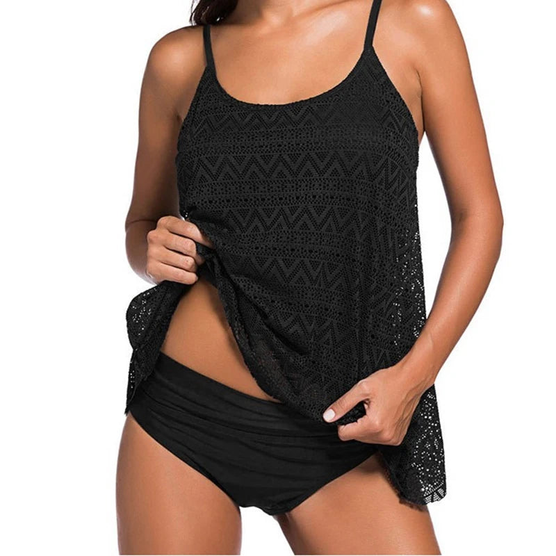Plus Size Swimwear Women Black Tankini Tummy Control Swimwear Tank Top Retro Solid Swimsuit with Shorts Two Piece Bathing Suit