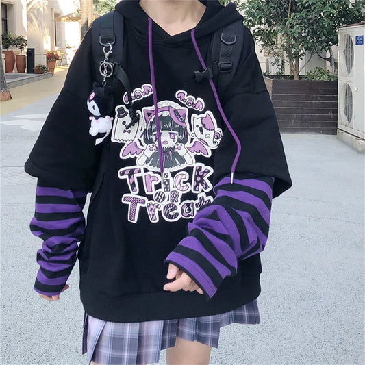 Cute Harajuku Patchwork Hoodie Streetwear Hip Hop Women Sweatshirts Casual Autumn High Street Tops Funny Harajuku Striped Hoodie
