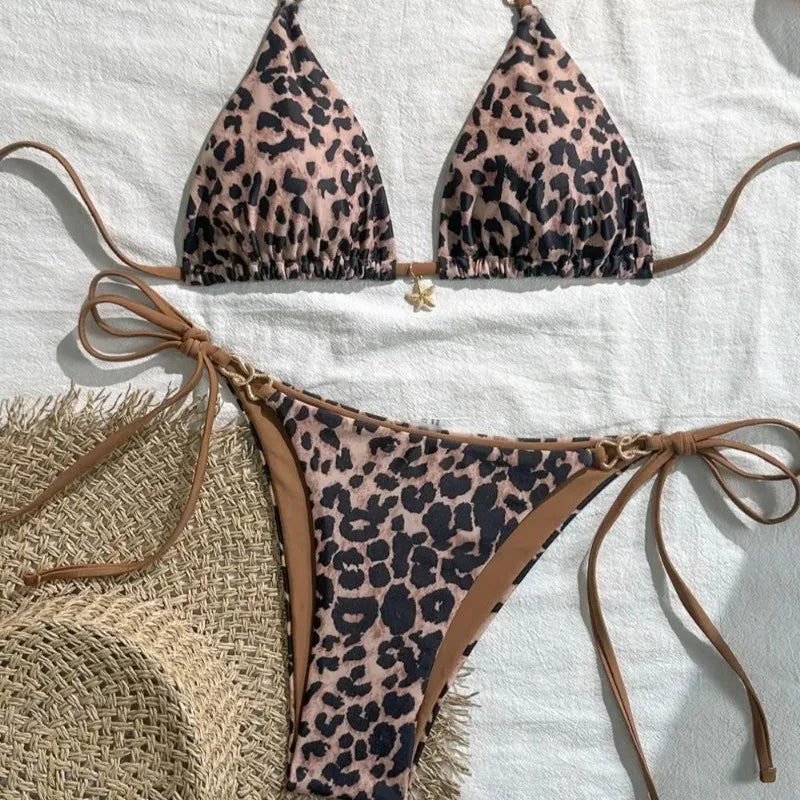 Leopard Print Bikini - Women's Halter Neck Swimsuit Set | Wire Free, Low Waist