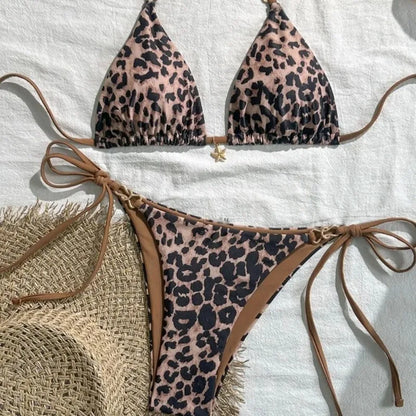 Leopard Print Bikini - Women's Halter Neck Swimsuit Set | Wire Free, Low Waist