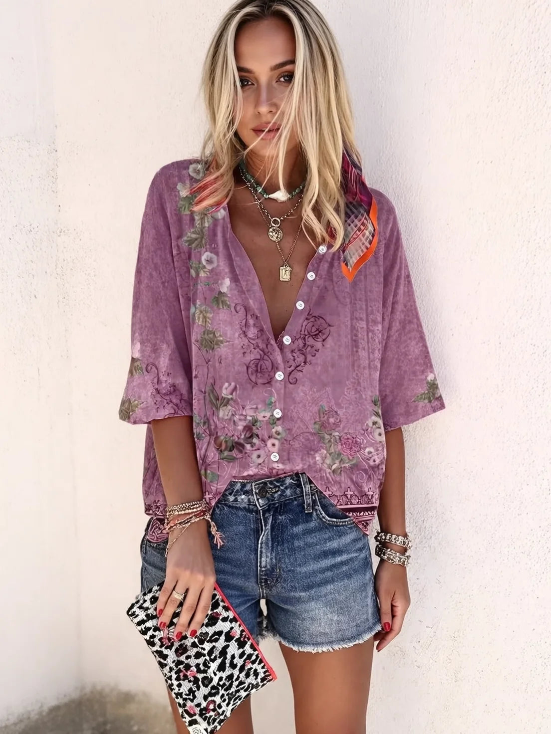 Western leisure vacation ethnic style geometric print three-quarter sleeve women's shirt