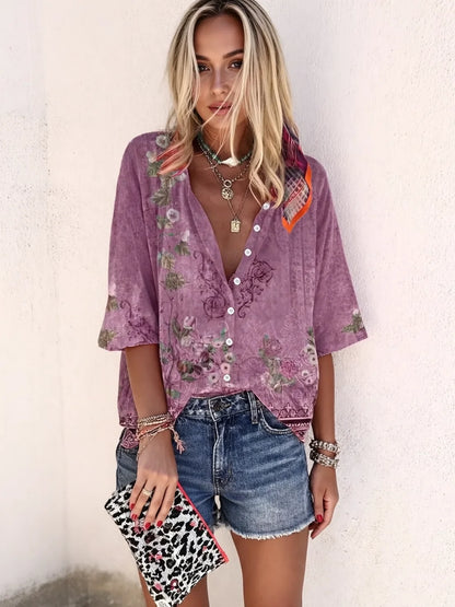 Western leisure vacation ethnic style geometric print three-quarter sleeve women's shirt