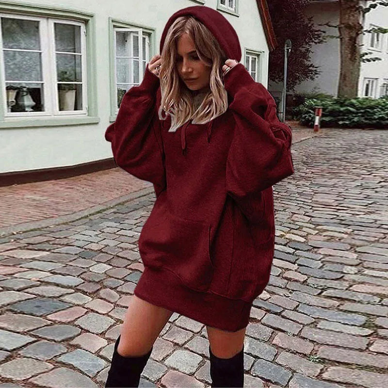 Oversized Hoodie Dress Women Loose Long Sleeve Pocket Drawstring Sweatshirt Dress Casual Streetwear Daily Wear Warm Pullover