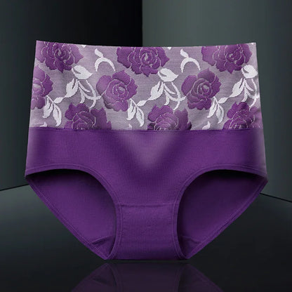 Plus Size L-5XL Women's Briefs Underwear Cotton High Waist Tummy Control Panties Rose Jacquard Ladies Panty Multipack