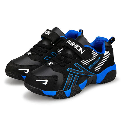 Boys Leather Sneakers - Kids Running Shoes With Rubber Outsole & Hook And Loop Closure