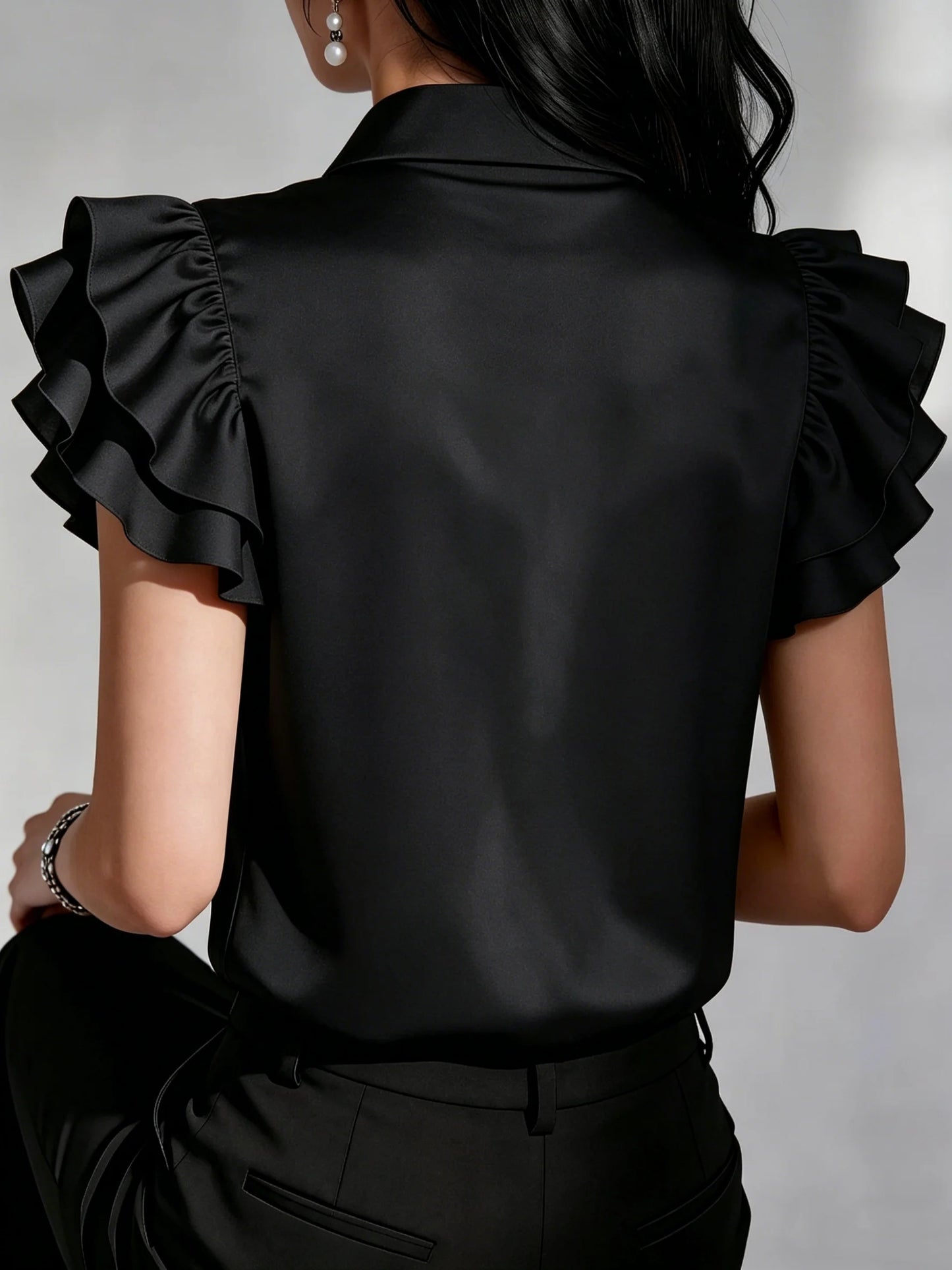 Elegant Satin Button Down Shirt for Women Ruffle Sleeve Collared Office Work Blouse