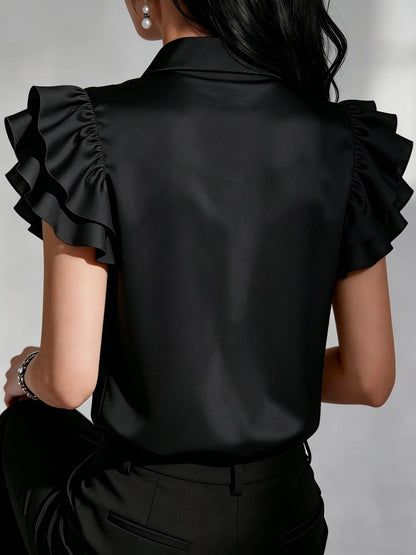 Elegant Satin Button Down Shirt for Women Ruffle Sleeve Collared Office Work Blouse