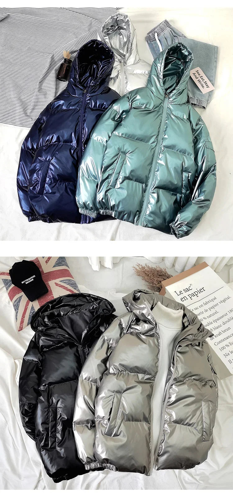 Streetwear Fashion Bright Silver Puffer Jackets for Men Thicken Winter Mens Coats Casual Hooded Cotton Wadded Heated Jacket Men