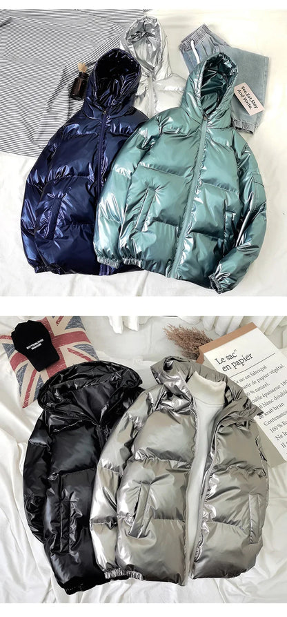 Streetwear Fashion Bright Silver Puffer Jackets for Men Thicken Winter Mens Coats Casual Hooded Cotton Wadded Heated Jacket Men