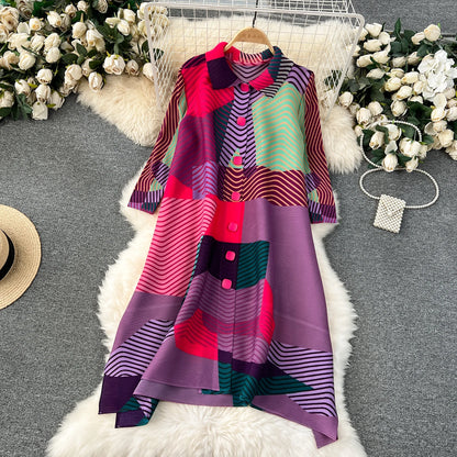 Miyake Pleated Drape Dress Women 2024 Spring Summer Colorblock Printing Lapel 3/4 Sleeve Single-breasted Fashion Shirt Dresses