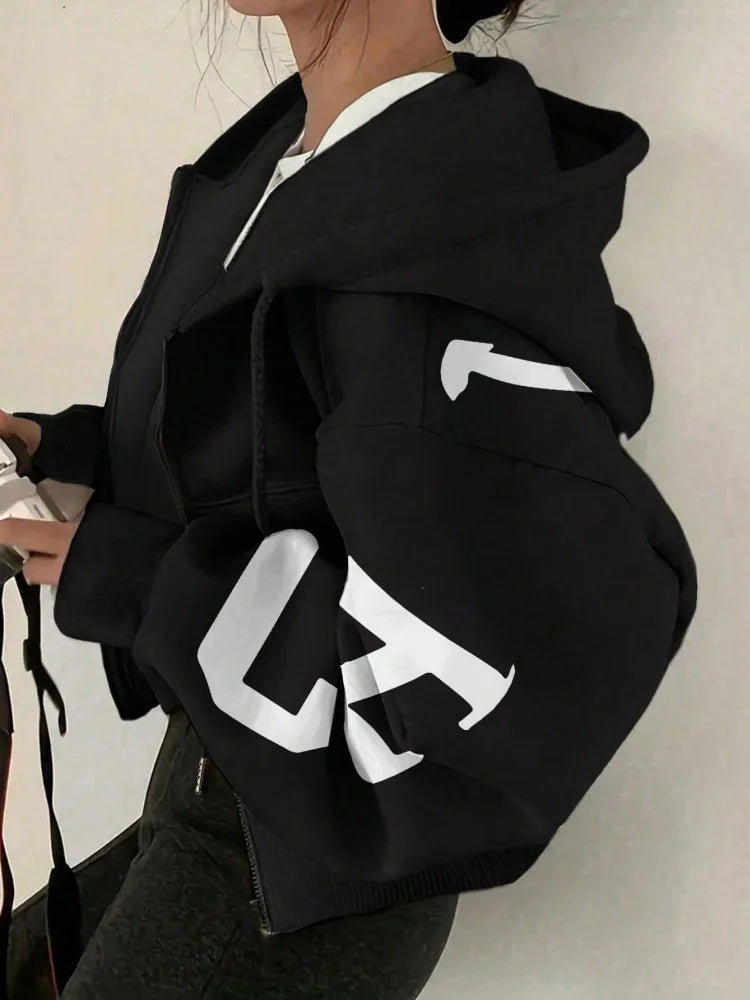 Women Y2K Crop Zip Up Hoodie Letter Print Oversized Long Sleeve Hooded Sweatshirt Casual Streetwear Short Jacket Outerwear