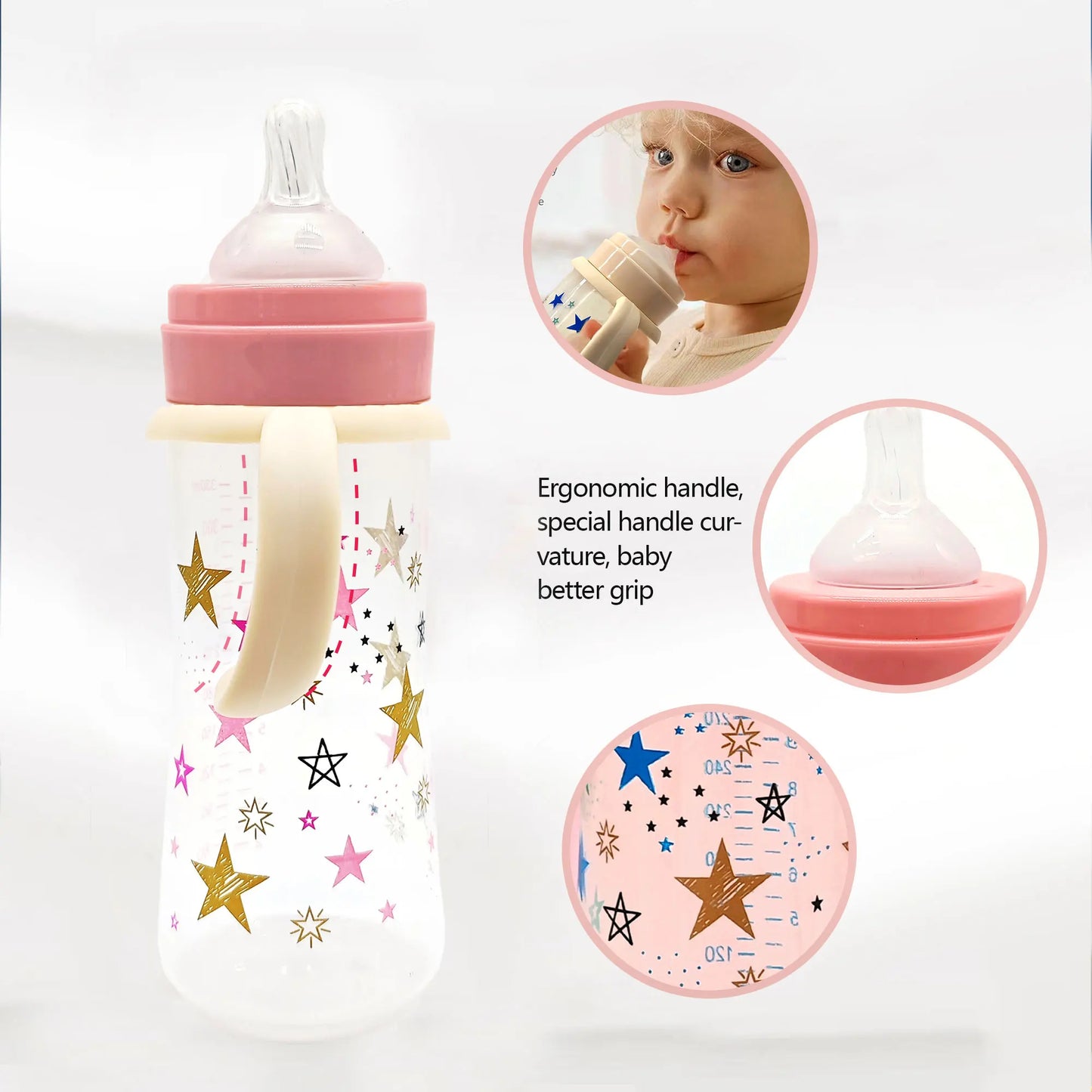 1PC 330ml large-capacity baby feeding bottle star PP bottle wide diameter anti-fall lightweight ergonomic handle design