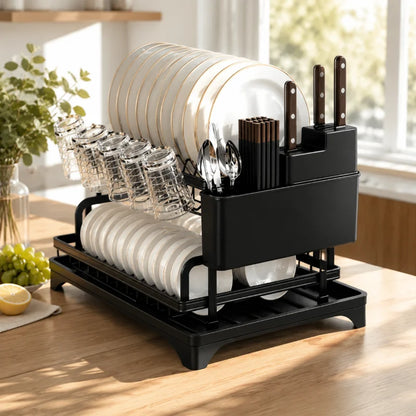 2-Tier Black Full Set Dish Drying Rack, 360° Rotating Drainboard with Utensil Holder, No-Drill Kitchen Organizer Gift