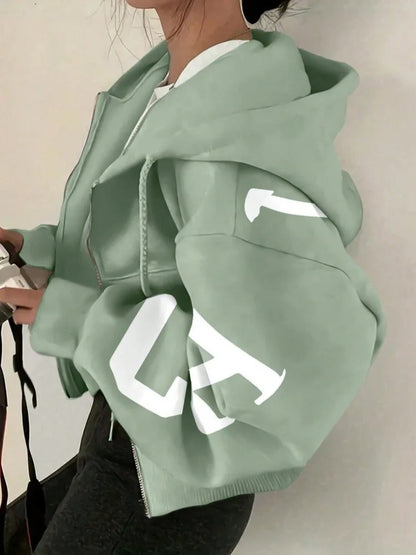 Women Y2K Crop Zip Up Hoodie Letter Print Oversized Long Sleeve Hooded Sweatshirt Casual Streetwear Short Jacket Outerwear