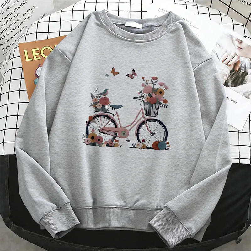 Womens Hoodies Retro Floral Butterfly with Bicycle Print Warm Fleece Sweatshirt Soft O-Neck Pullover Casual Female Clothes