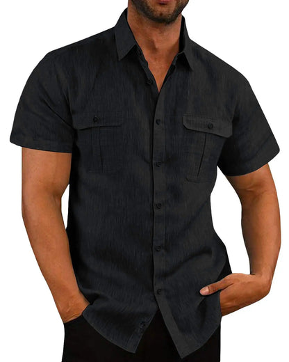 Men's Textured Short Sleeve Button Down Shirt with Chest Pockets Casual Lightweight Summer Top for Beach Office & Daily Wear