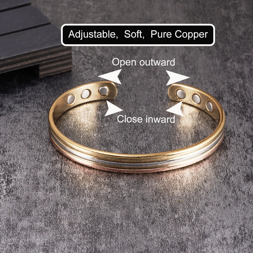 Vinterly Pure Copper Bracelets Magnetic Therapy Arthritis Lines Adjustable High Magnet Open Cuff 8mm Bangles Resizable Jewelry